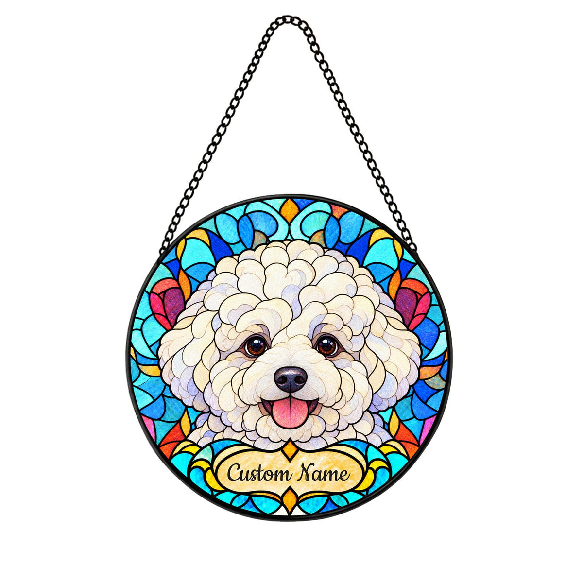 Personalized Bichon Frise Suncatcher, Custom Name, Floral Stained Glass Window Hanging