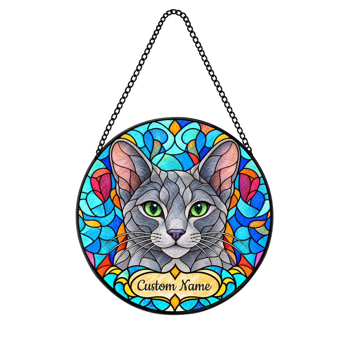 Personalized Russian Blue Cat Suncatcher, Custom Name, Floral Stained Glass Window Hanging