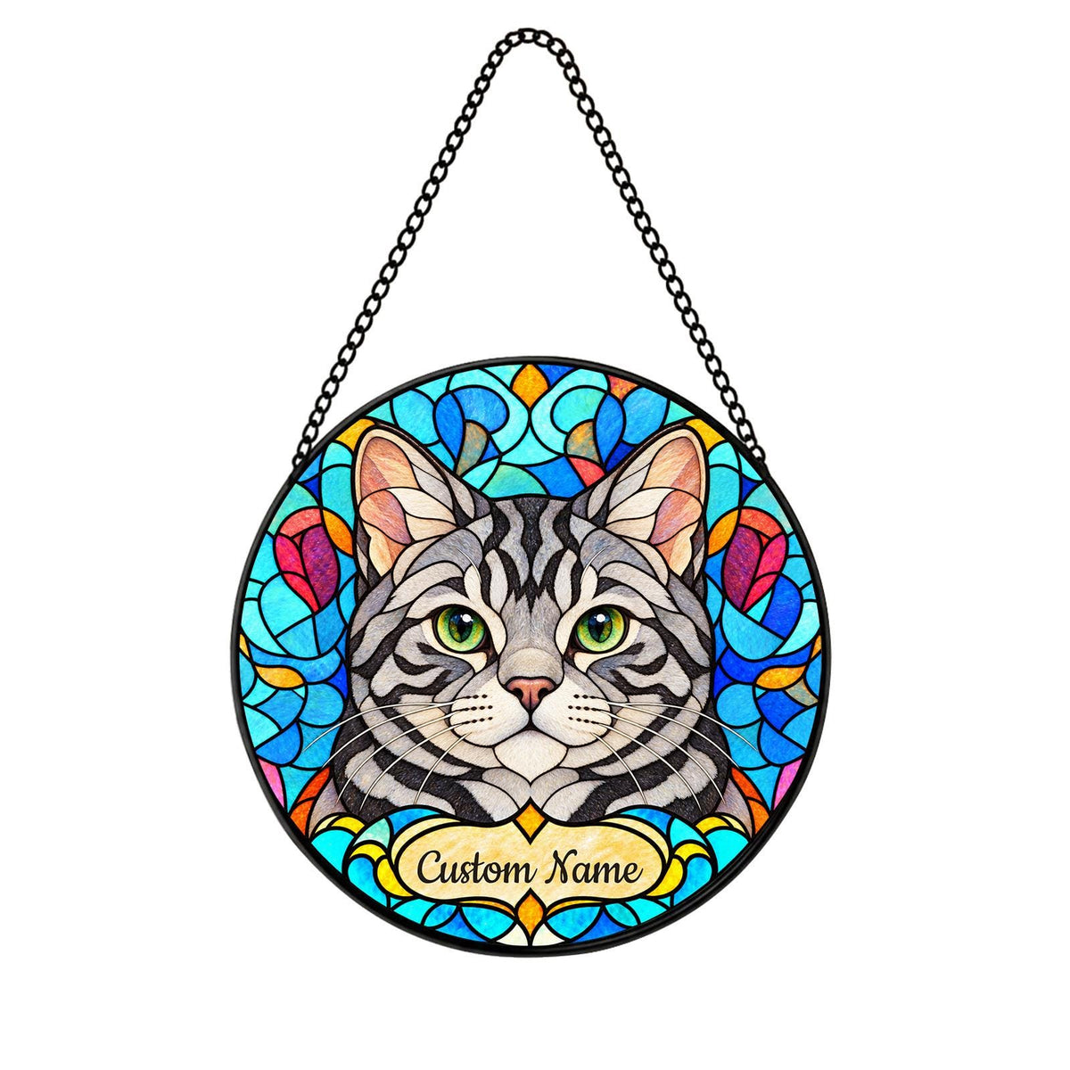 Personalized American Shorthair Cat Suncatcher, Custom Name, Floral Stained Glass Window Hanging