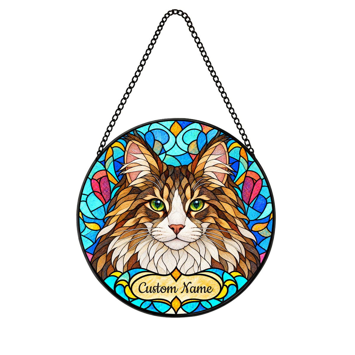 Personalized Norwegian Forest Cat Suncatcher, Custom Name, Floral Stained Glass Window Hanging