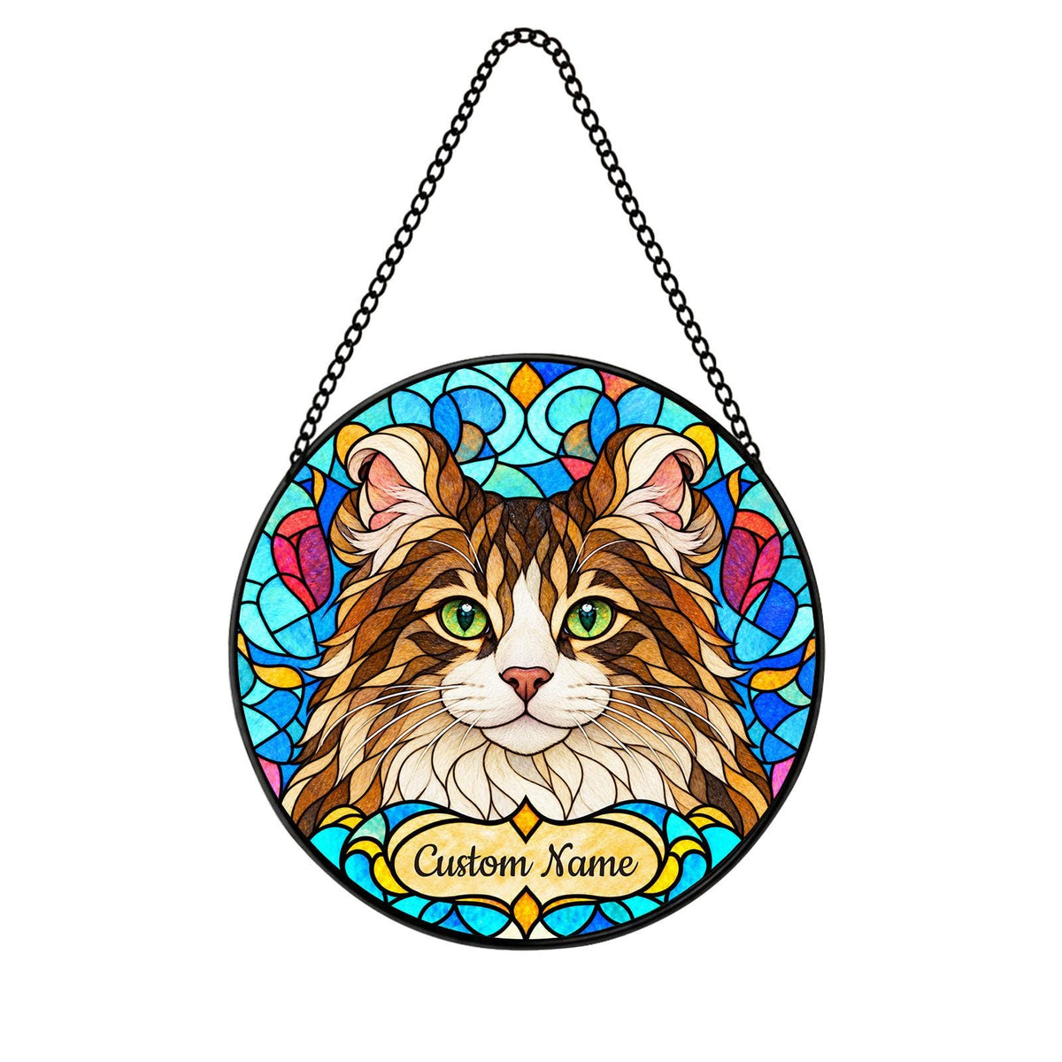 Personalized American Curl Cat Suncatcher, Custom Name, Floral Stained Glass Window Hanging