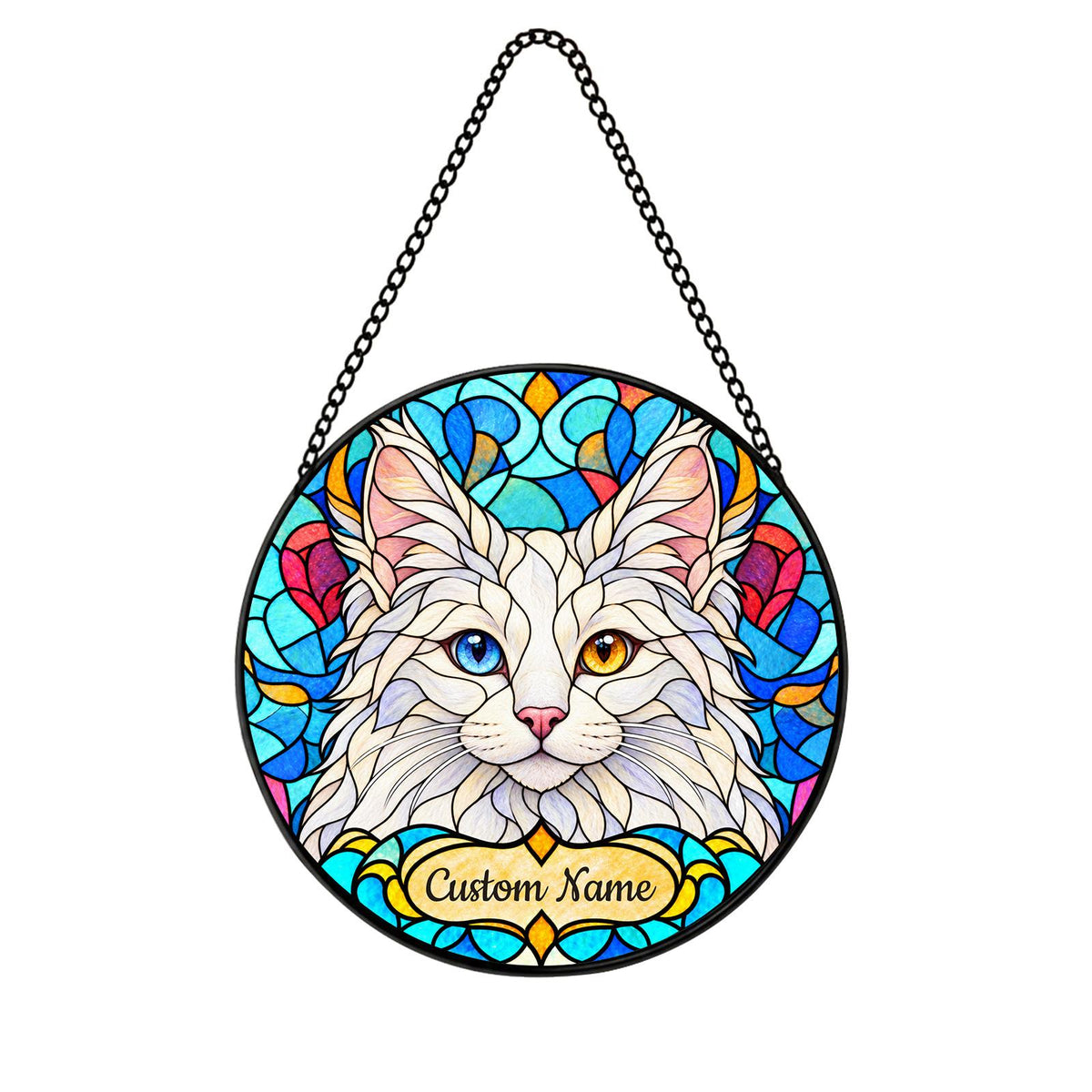 Personalized Turkish Angora Cat Suncatcher, Custom Name, Floral Stained Glass Window Hanging
