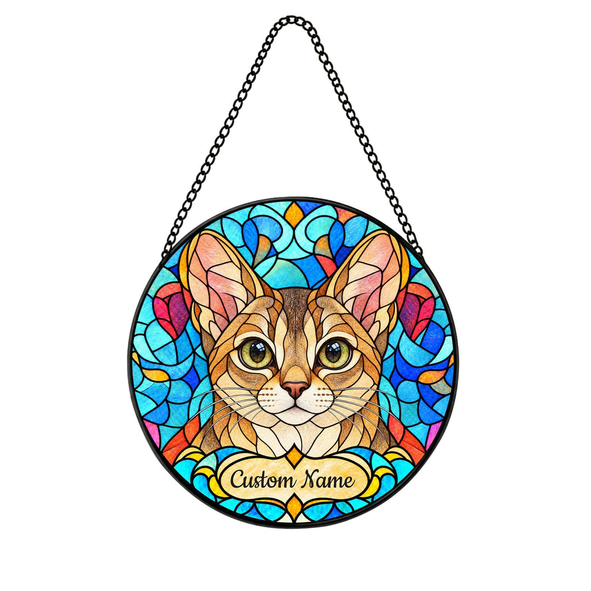 Personalized Singapura Cat Suncatcher, Custom Name, Floral Stained Glass Window Hanging
