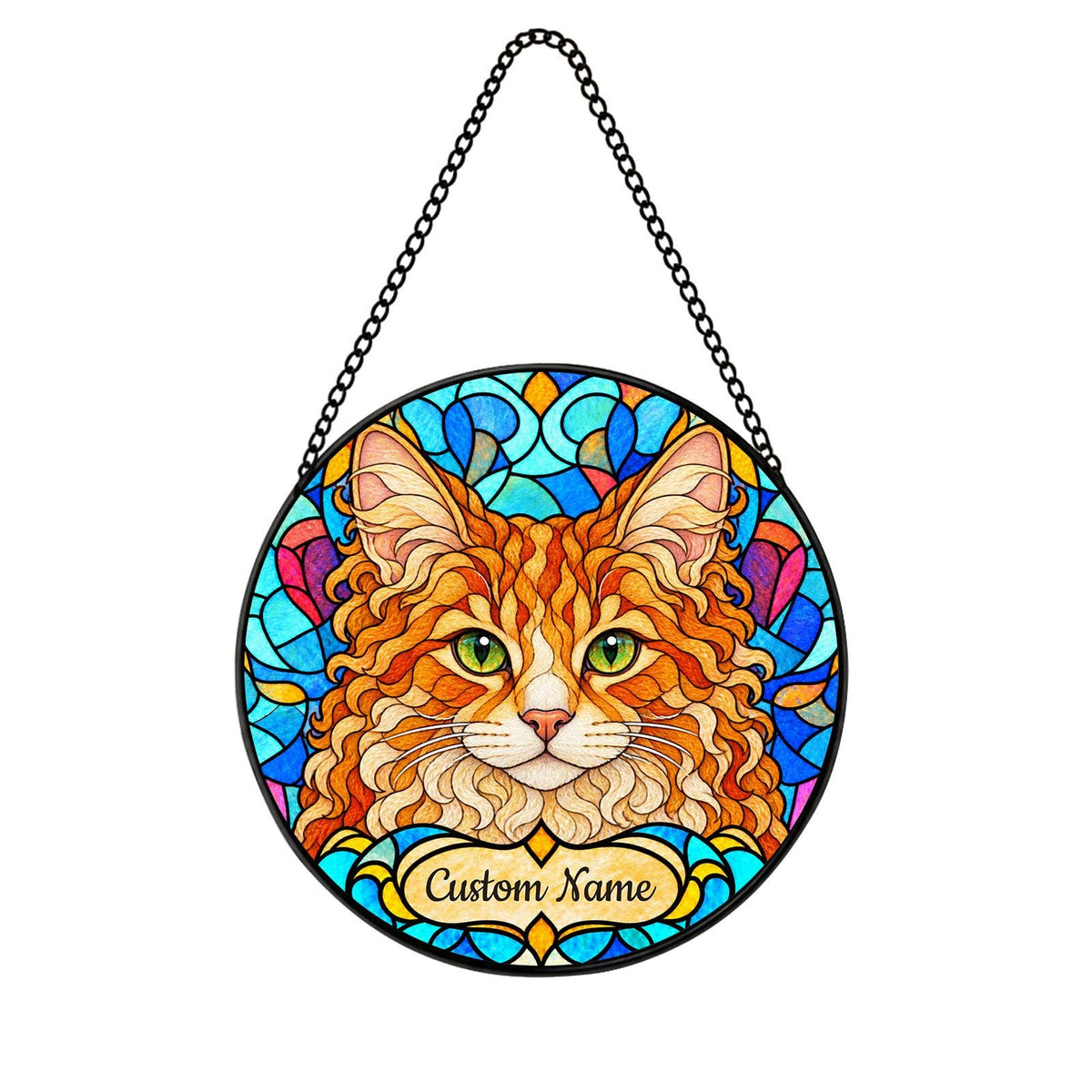 Personalized LaPerm Cat Suncatcher, Custom Name, Floral Stained Glass Window Hanging