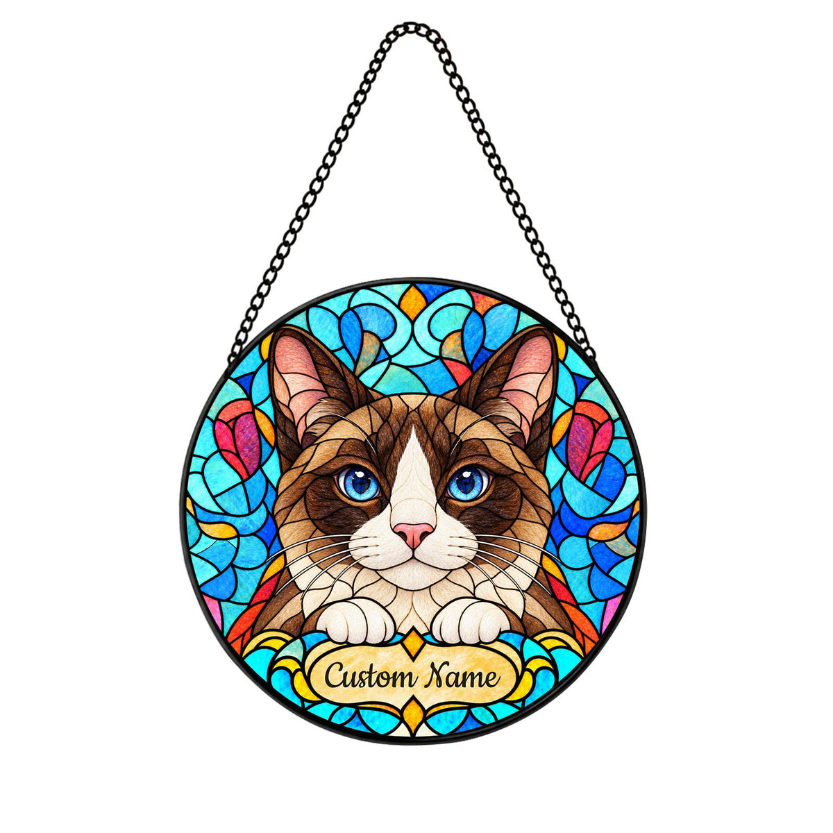Personalized Snowshoe Cat Suncatcher, Custom Name, Floral Stained Glass Window Hanging