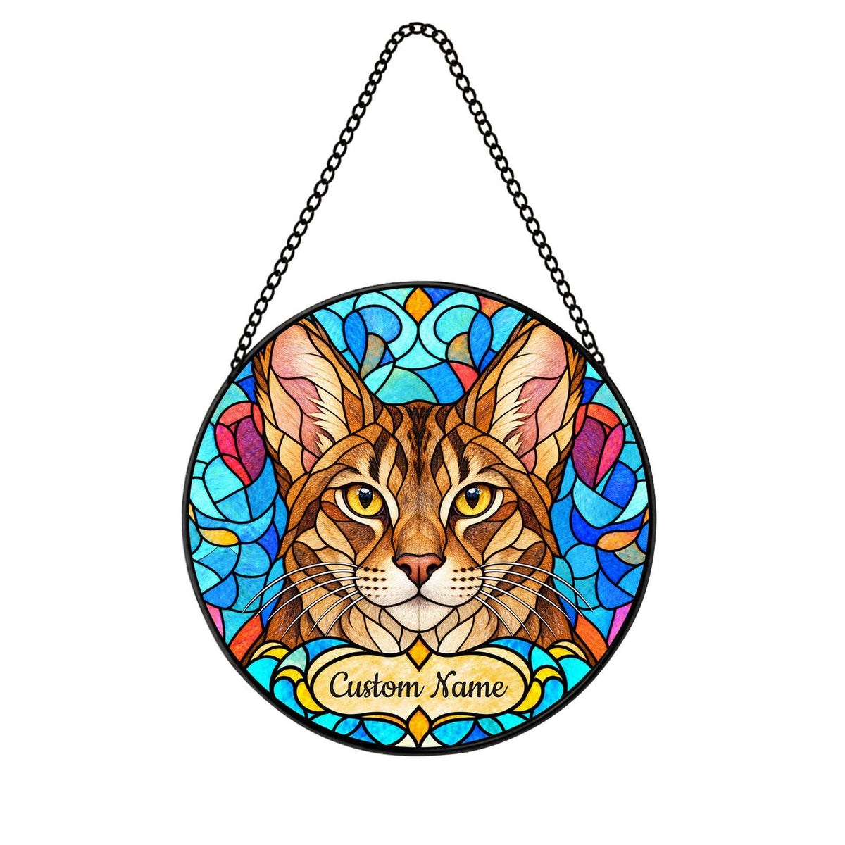 Personalized Chausie Cat Suncatcher, Custom Name, Floral Stained Glass Window Hanging