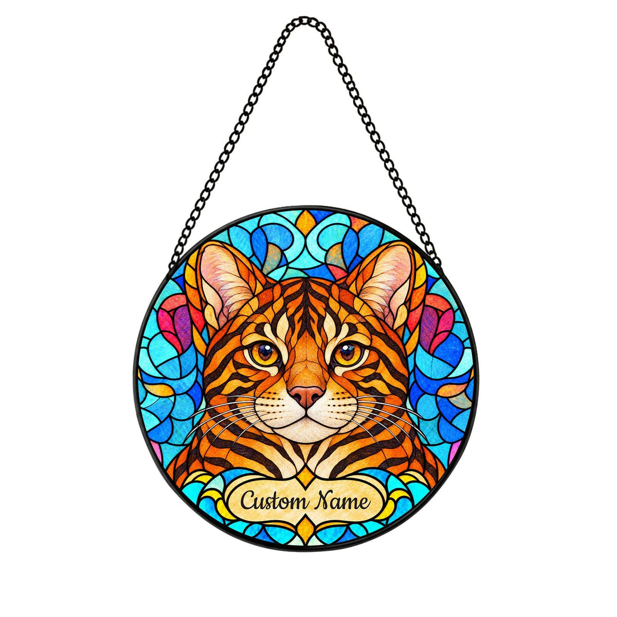 Personalized Toyger Cat Suncatcher, Custom Name, Floral Stained Glass Window Hanging