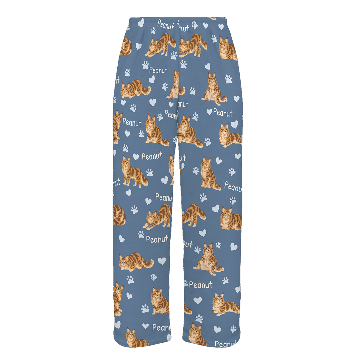 Personalized Maine Coon Cat Pajama Pants, Custom Pet Name Fleece Trousers, Cat Lover Gift — Slate Blue full-trouser mockup