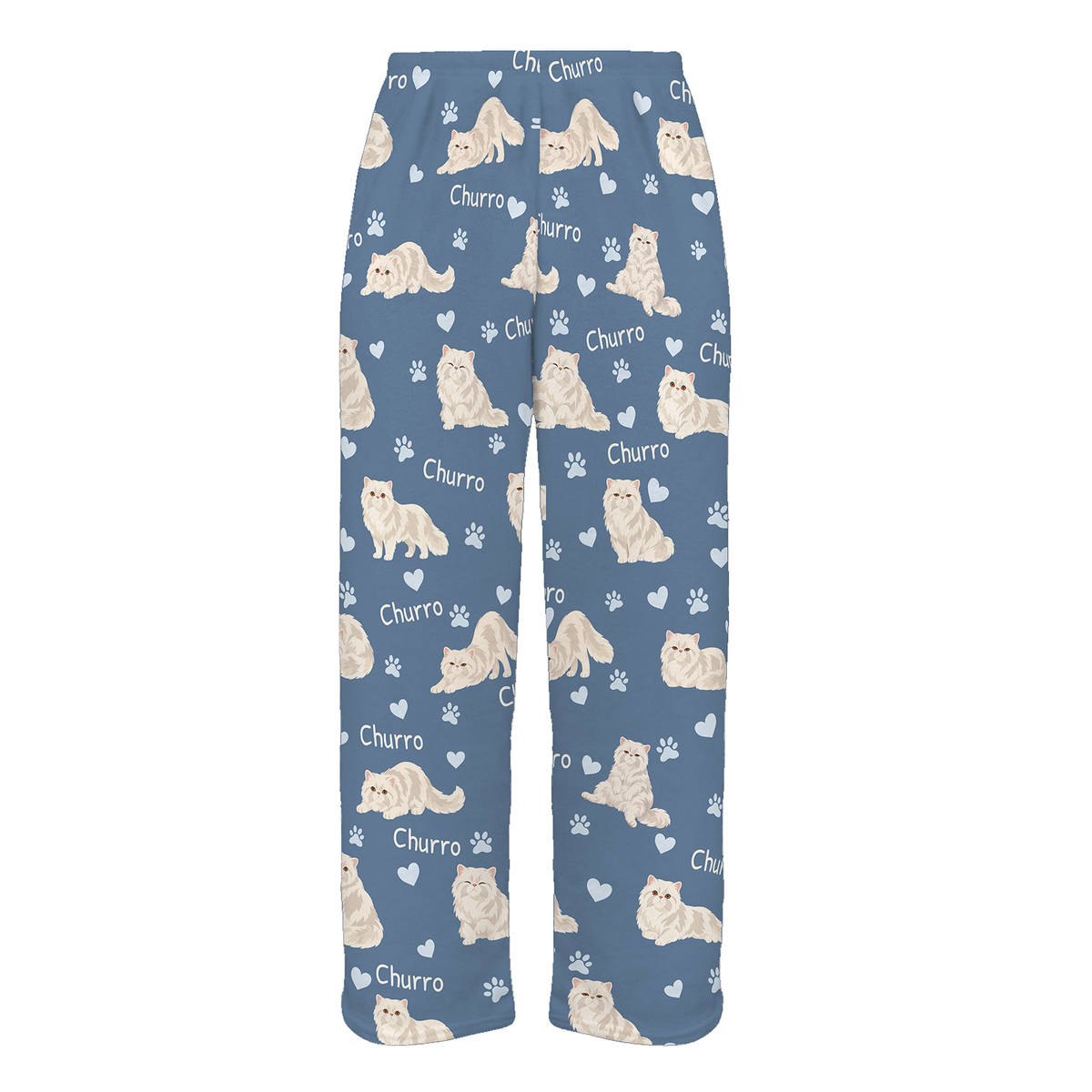 Personalized Persian Cat Pajama Pants, Custom Pet Name Fleece Trousers, Cat Lover Gift — Slate Blue full-trouser mockup