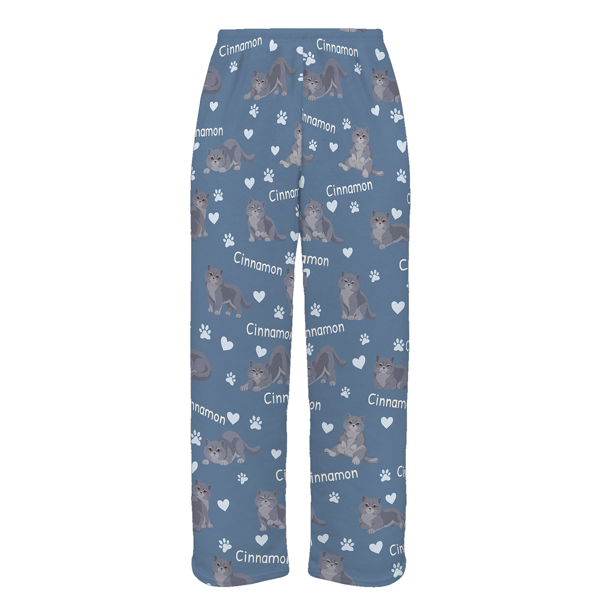 Personalized British Shorthair Cat Pajama Pants, Custom Pet Name Fleece Trousers, Cat Lover Gift — Slate Blue full-trouser mockup