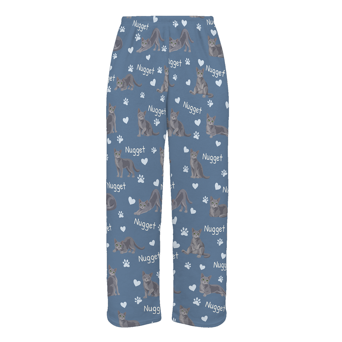 Personalized Russian Blue Cat Pajama Pants, Custom Pet Name Fleece Trousers, Cat Lover Gift — Slate Blue full-trouser mockup