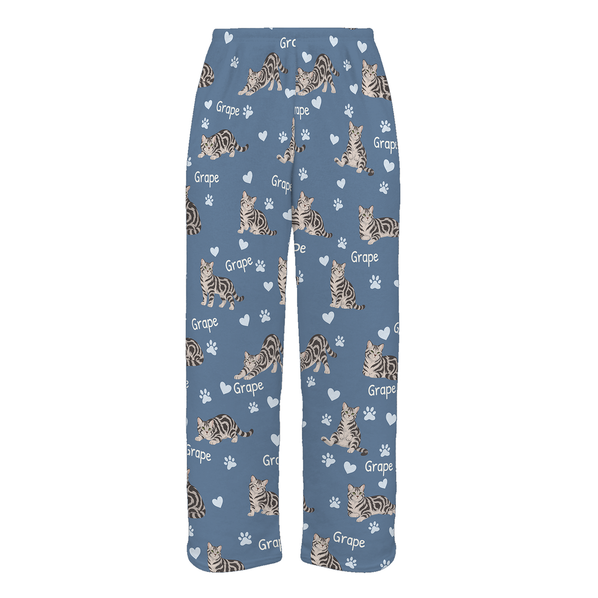 Personalized American Shorthair Cat Pajama Pants, Custom Pet Name Fleece Trousers, Cat Lover Gift — Slate Blue full-trouser mockup