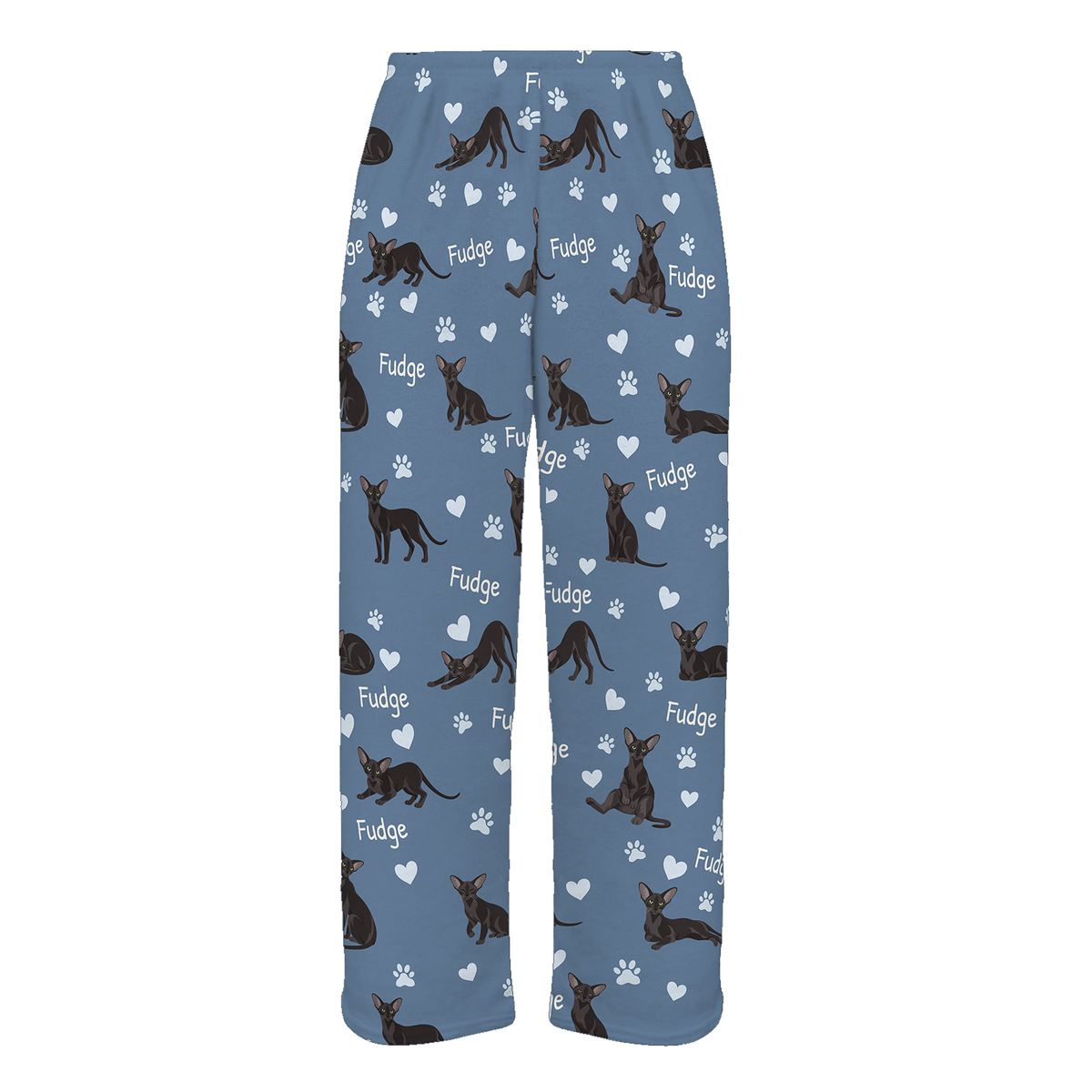 Personalized Oriental Cat Pajama Pants, Custom Pet Name Fleece Trousers, Cat Lover Gift — Slate Blue full-trouser mockup