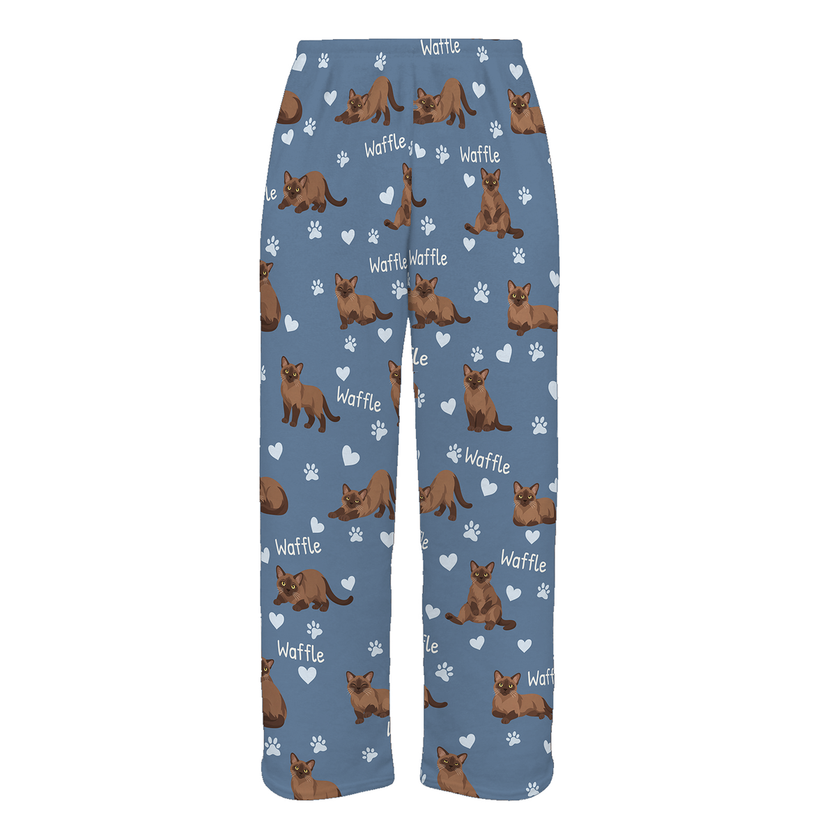 Personalized Burmese Cat Pajama Pants, Custom Pet Name Fleece Trousers, Cat Lover Gift — Slate Blue full-trouser mockup