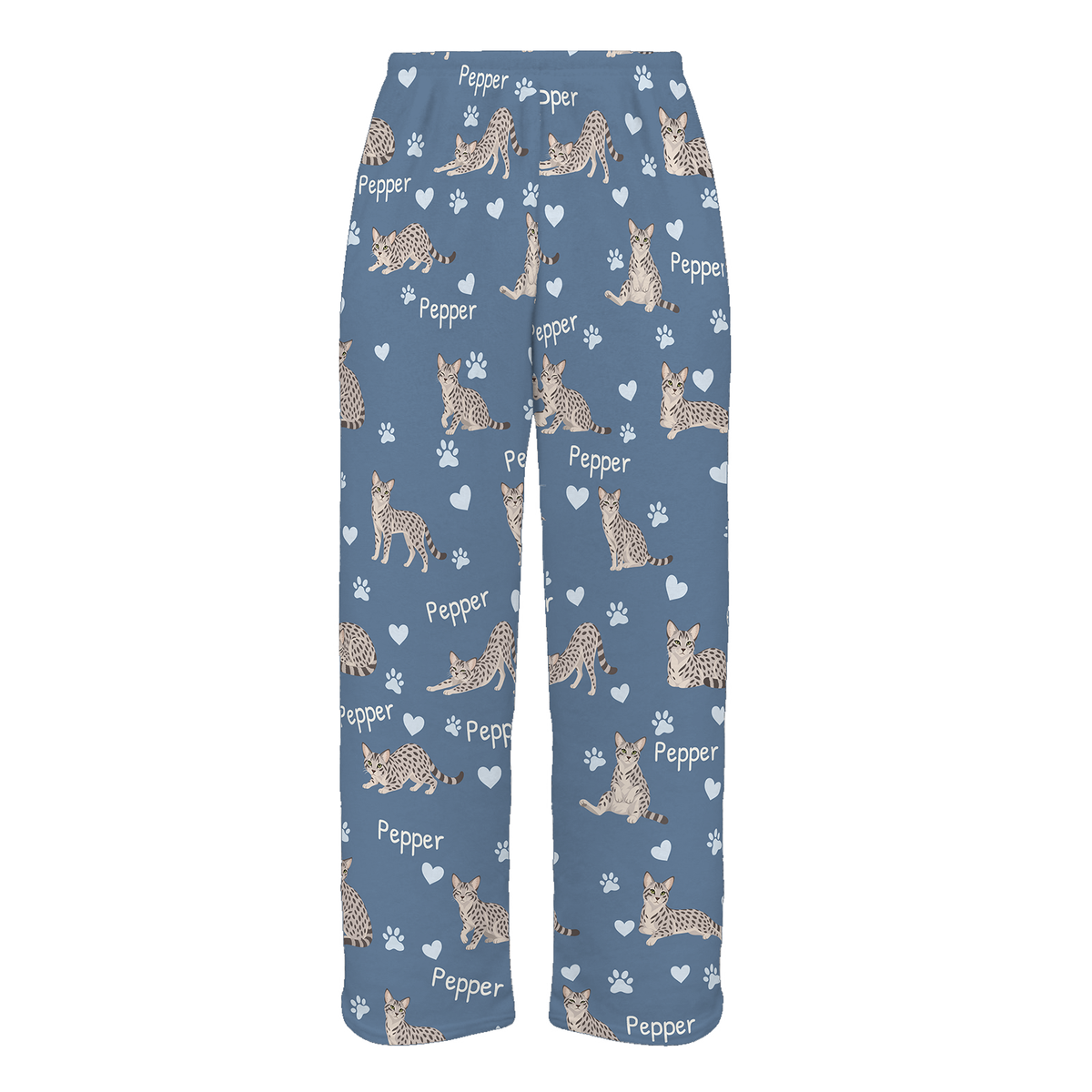 Personalized Egyptian Mau Cat Pajama Pants, Custom Pet Name Fleece Trousers, Cat Lover Gift — Slate Blue full-trouser mockup