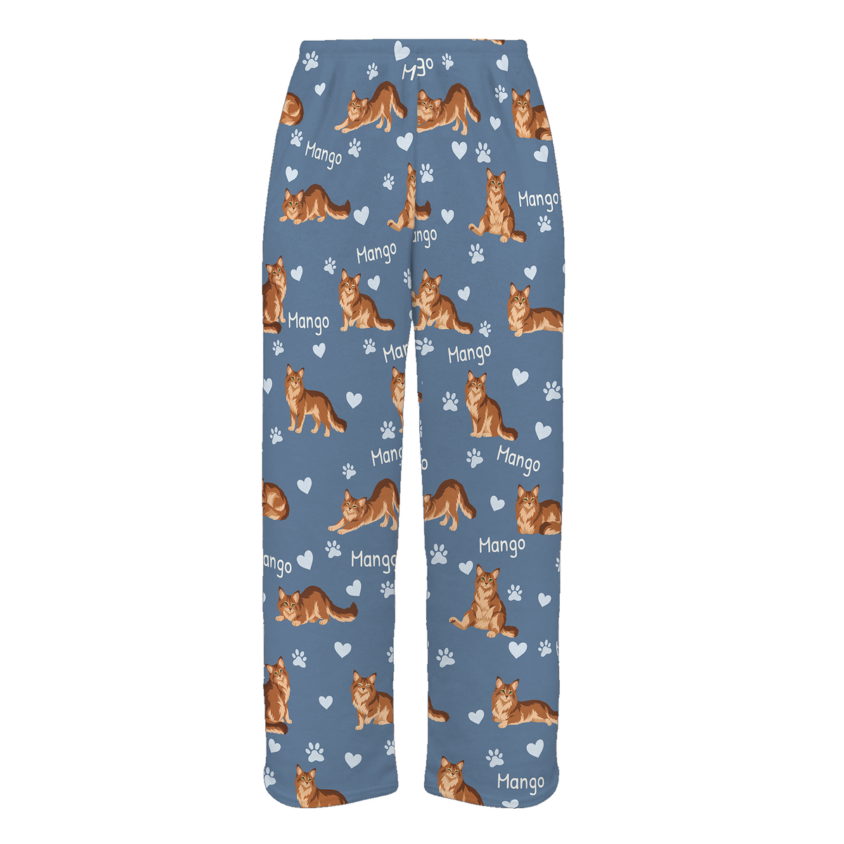 Personalized Somali Cat Pajama Pants, Custom Pet Name Fleece Trousers, Cat Lover Gift — Slate Blue full-trouser mockup