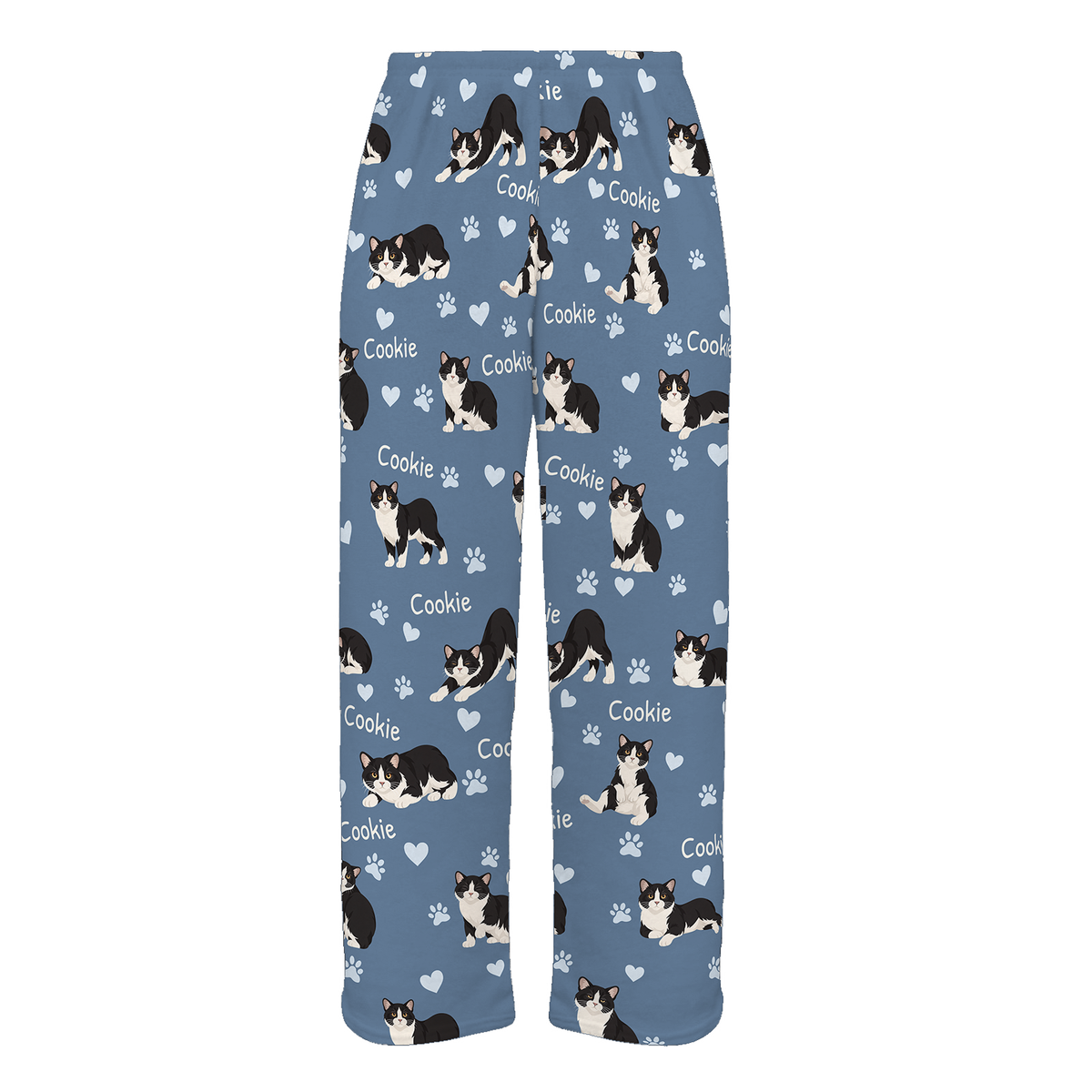 Personalized Manx Cat Pajama Pants, Custom Pet Name Fleece Trousers, Cat Lover Gift — Slate Blue full-trouser mockup
