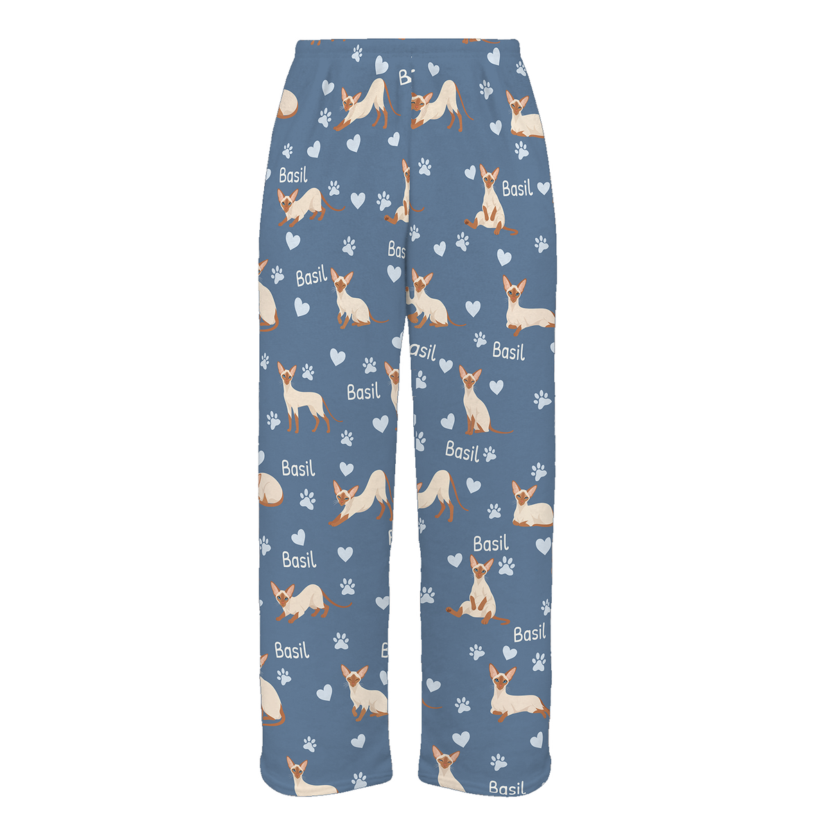 Personalized Colorpoint Shorthair Cat Pajama Pants, Custom Pet Name Fleece Trousers, Cat Lover Gift — Slate Blue full-trouser mockup
