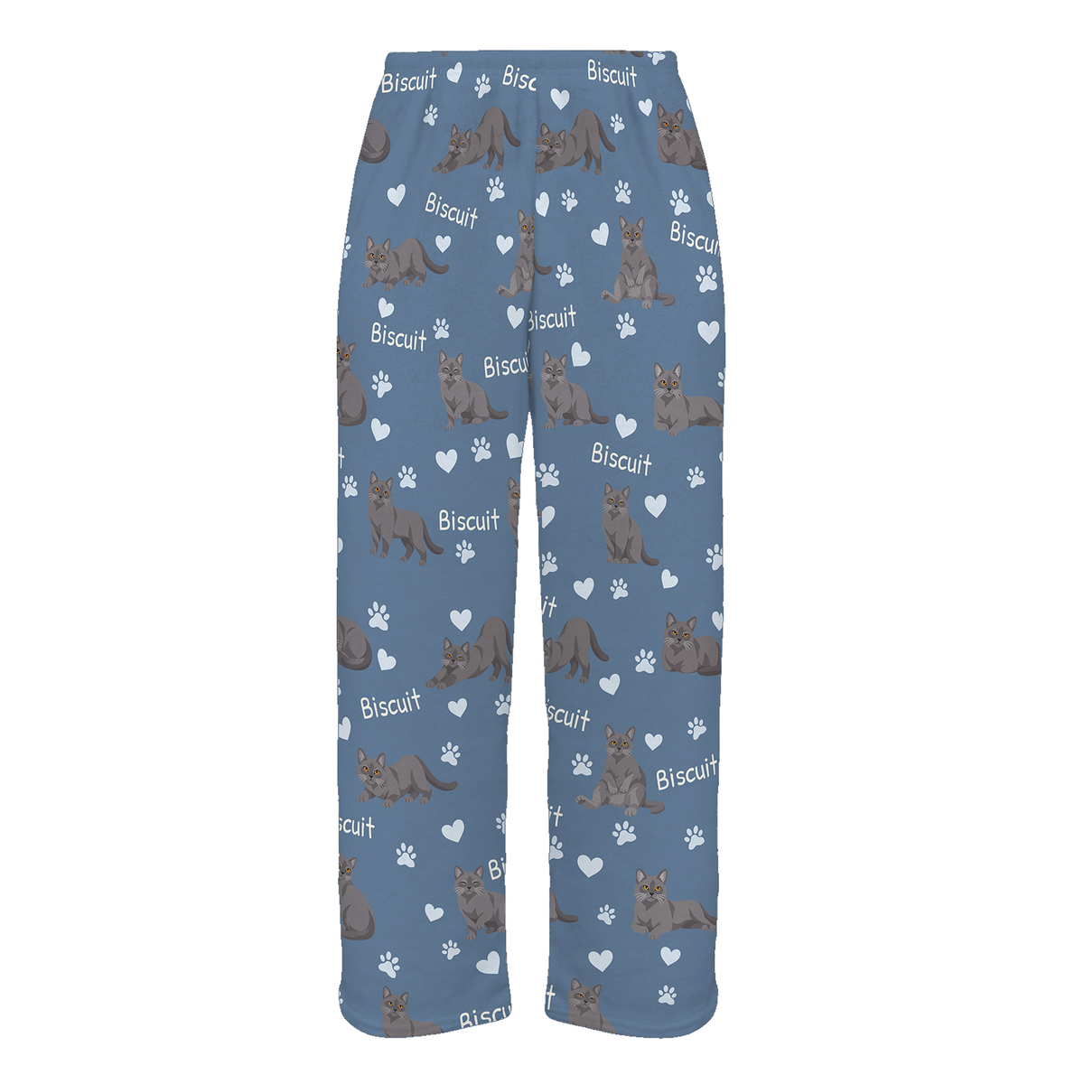 Personalized Chartreux Cat Pajama Pants, Custom Pet Name Fleece Trousers, Cat Lover Gift — Slate Blue full-trouser mockup