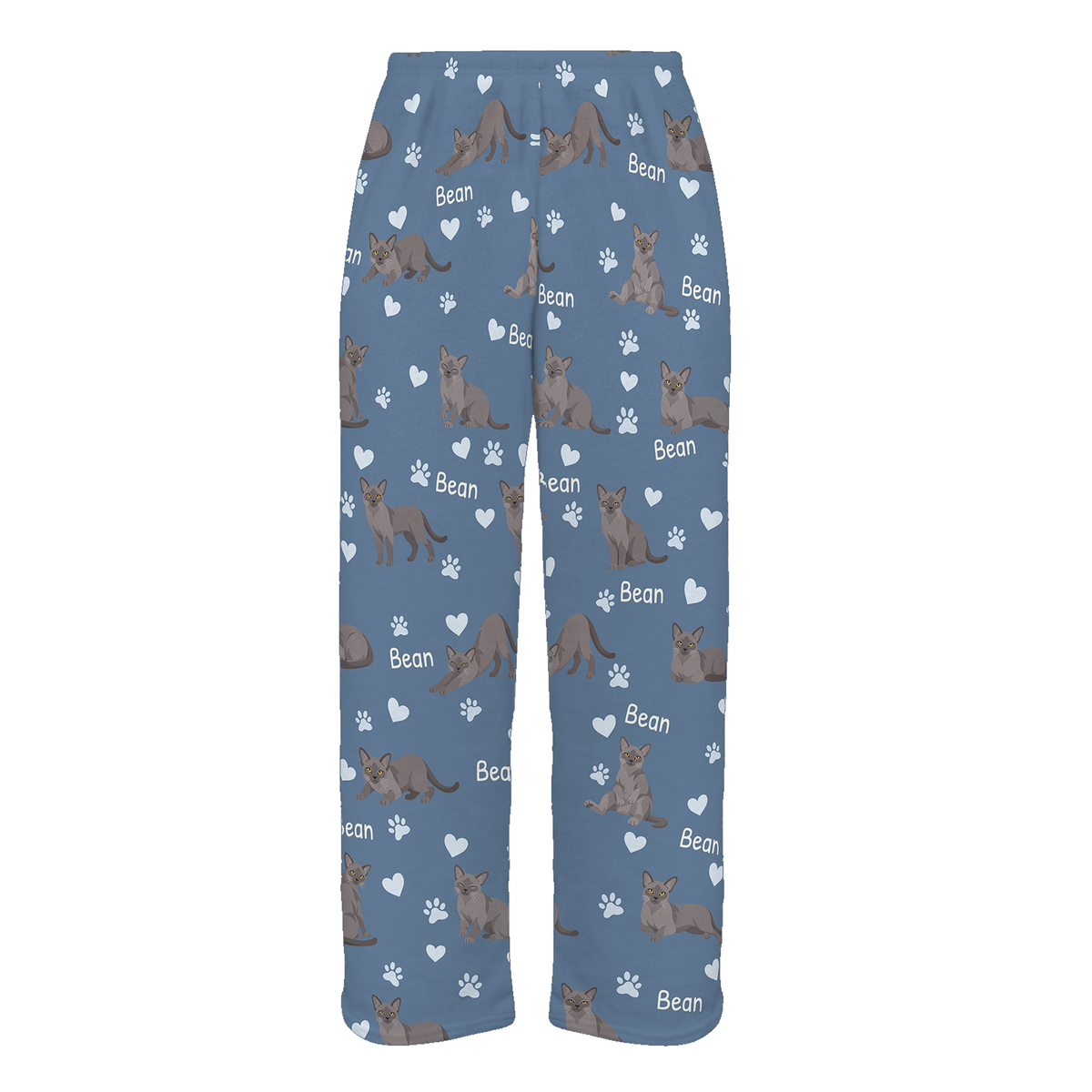 Personalized European Burmese Cat Pajama Pants, Custom Pet Name Fleece Trousers, Cat Lover Gift — Slate Blue full-trouser mockup