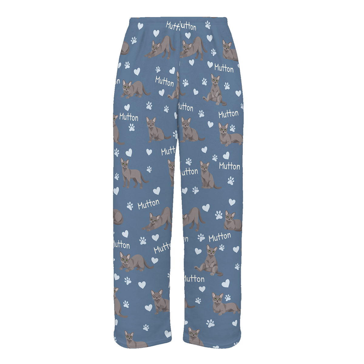 Personalized Korat Cat Pajama Pants, Custom Pet Name Fleece Trousers, Cat Lover Gift — Slate Blue full-trouser mockup