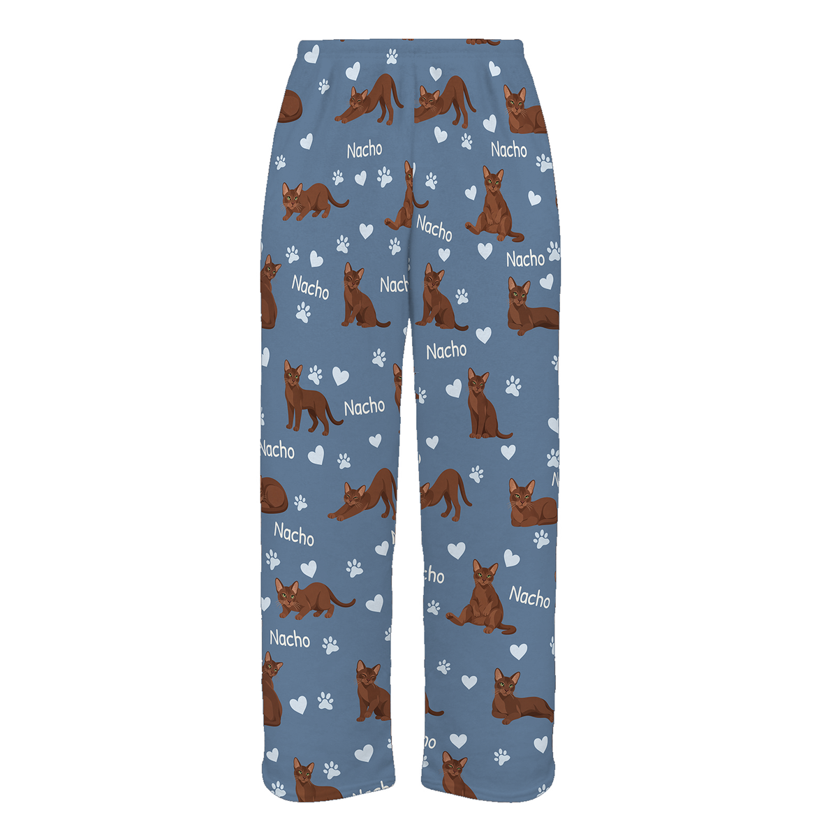 Personalized Havana Brown Cat Pajama Pants, Custom Pet Name Fleece Trousers, Cat Lover Gift — Slate Blue full-trouser mockup