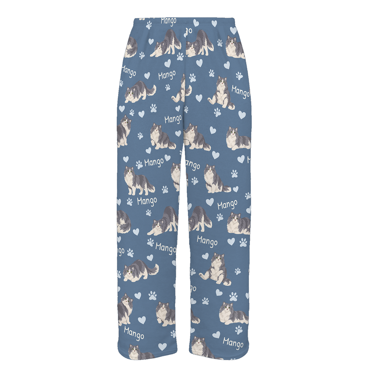 Personalized Ragamuffin Cat Pajama Pants, Custom Pet Name Fleece Trousers, Cat Lover Gift — Slate Blue full-trouser mockup