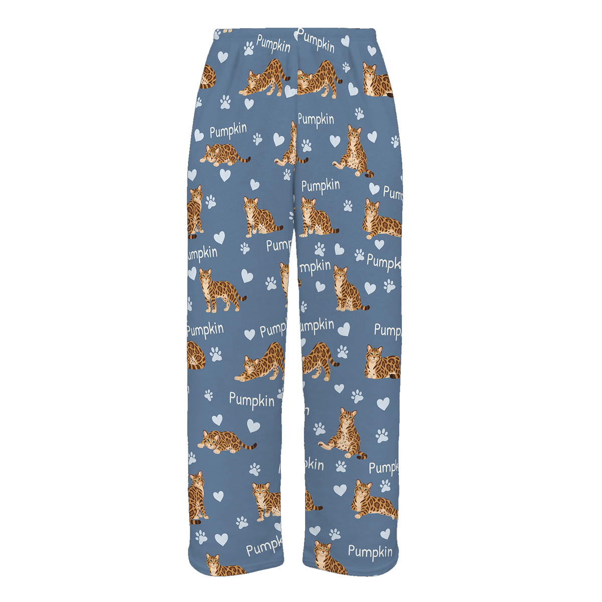 Personalized Bengal Cat Pajama Pants, Custom Pet Name Fleece Trousers, Cat Lover Gift — Slate Blue full-trouser mockup