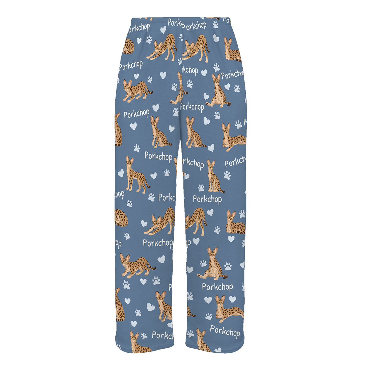 Personalized Savannah Cat Pajama Pants, Custom Pet Name Fleece Trousers, Cat Lover Gift — Slate Blue full-trouser mockup