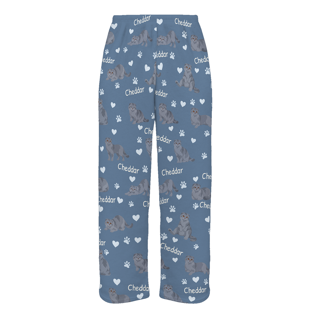 Personalized Scottish Fold Solid Blue Gray Cat Pajama Pants, Custom Pet Name Fleece Trousers — Slate Blue full-trouser mockup