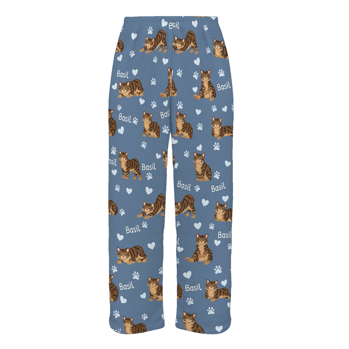 Personalized Manx Brown Tabby Cat Pajama Pants, Custom Pet Name Fleece Trousers — Slate Blue full-trouser mockup