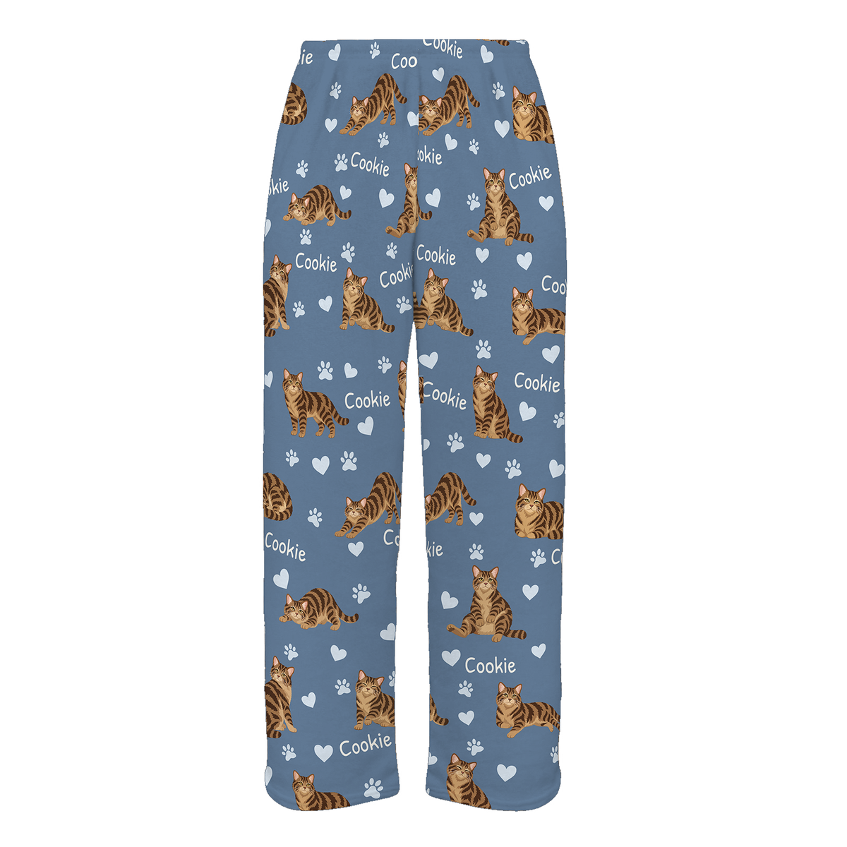 Personalized American Wirehair Brown Tabby Cat Pajama Pants, Custom Pet Name Fleece Trousers — Slate Blue full-trouser mockup