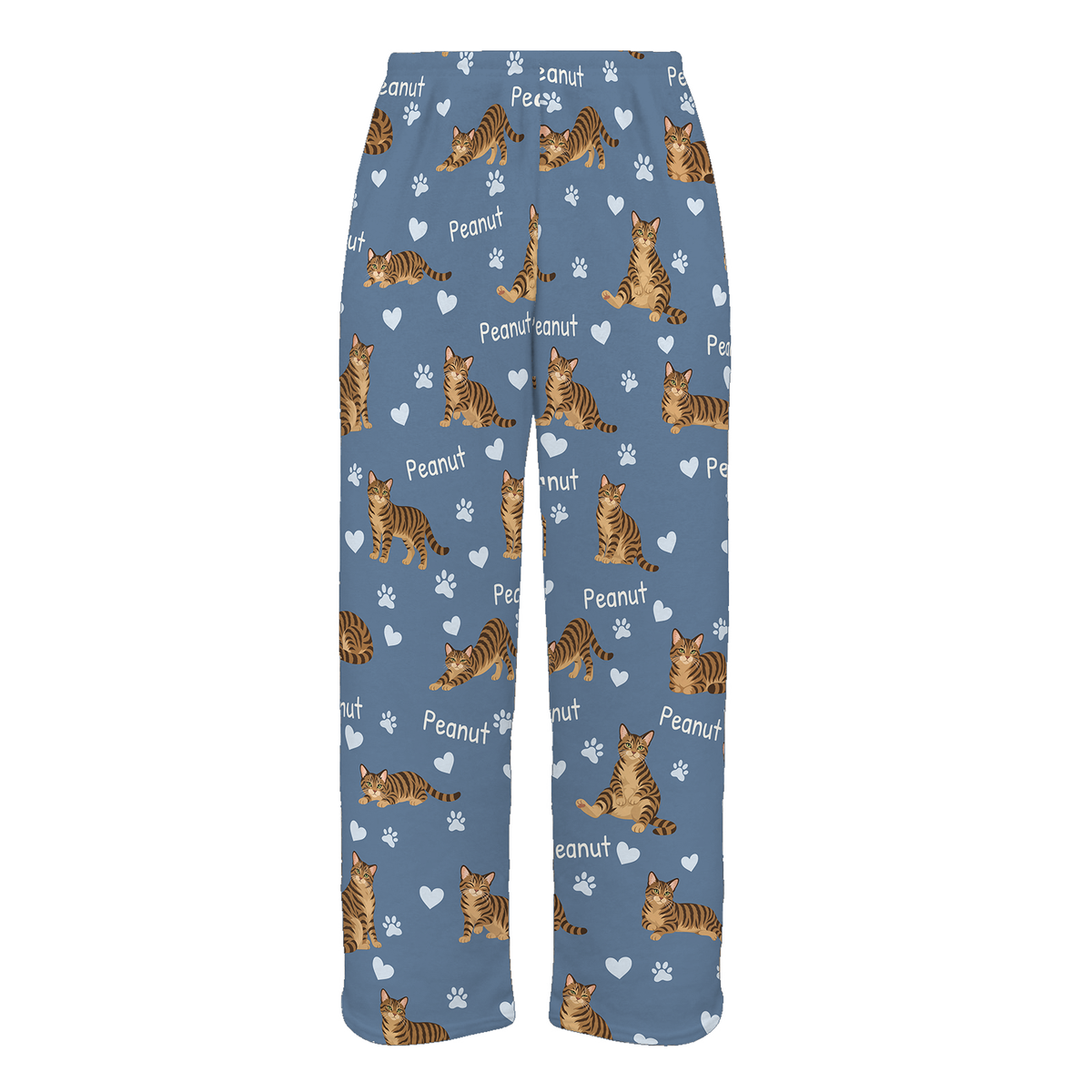 Personalized Domestic Shorthair Brown Mackerel Tabby Cat Pajama Pants, Custom Pet Name Fleece Trousers — Slate Blue full-trouser mockup