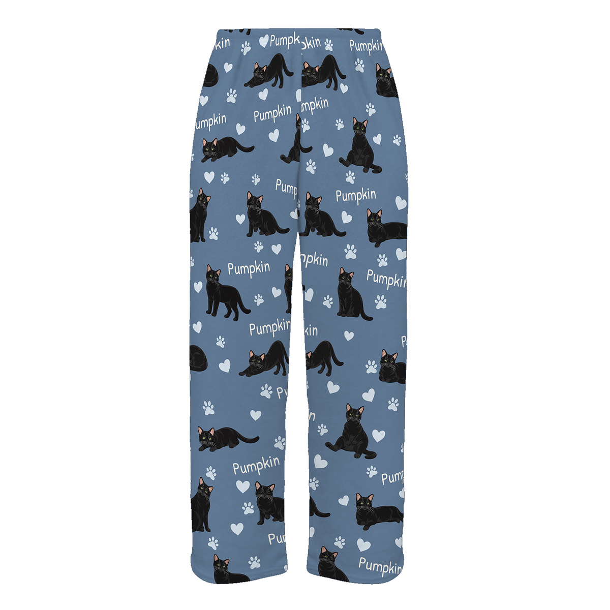Personalized Domestic Shorthair Black Cat Pajama Pants, Custom Pet Name Fleece Trousers — Slate Blue full-trouser mockup