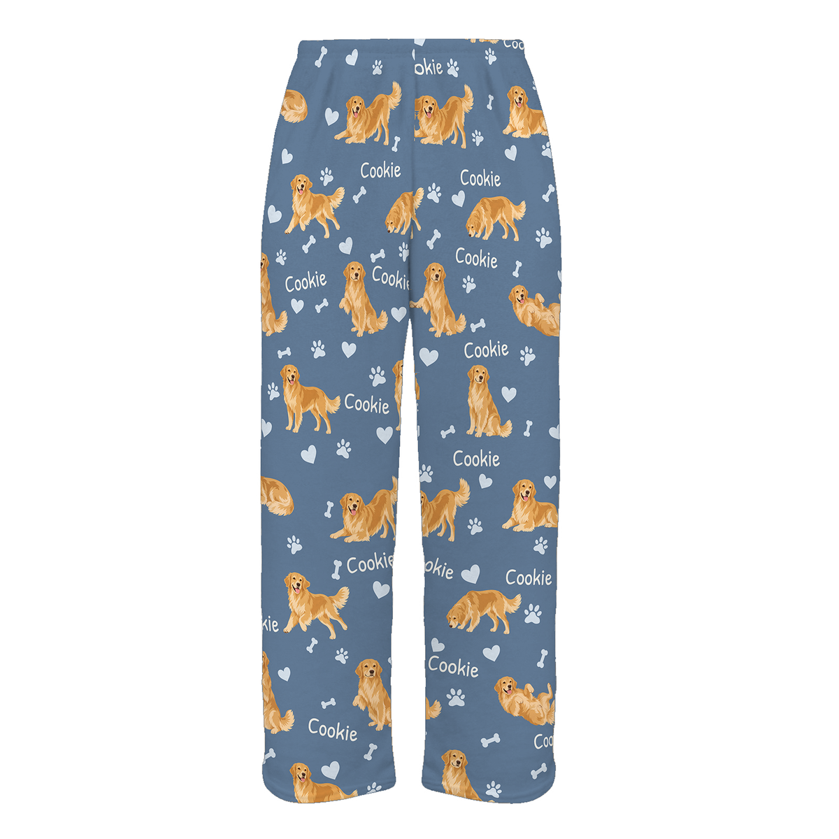 Personalized Golden Retriever Pajama Pants, Custom Pet Name Fleece Trousers, Dog Lover Gift — Slate Blue full-trouser mockup