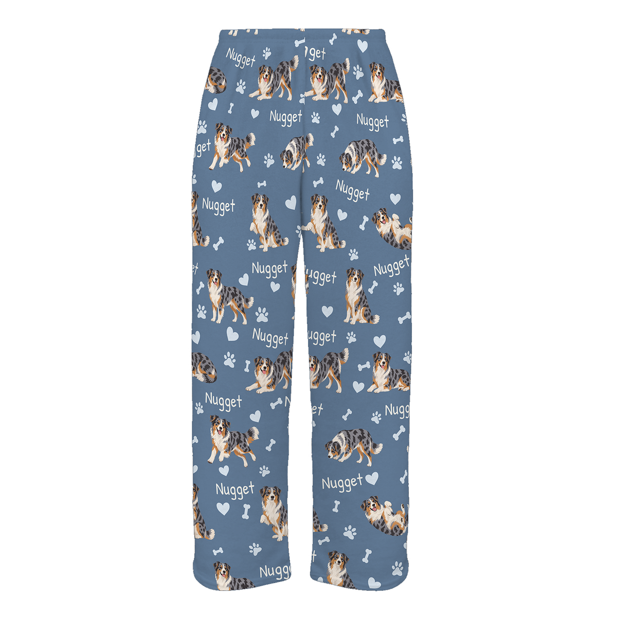 Personalized Australian Shepherd Pajama Pants, Custom Pet Name Fleece Trousers, Dog Lover Gift — Slate Blue full-trouser mockup
