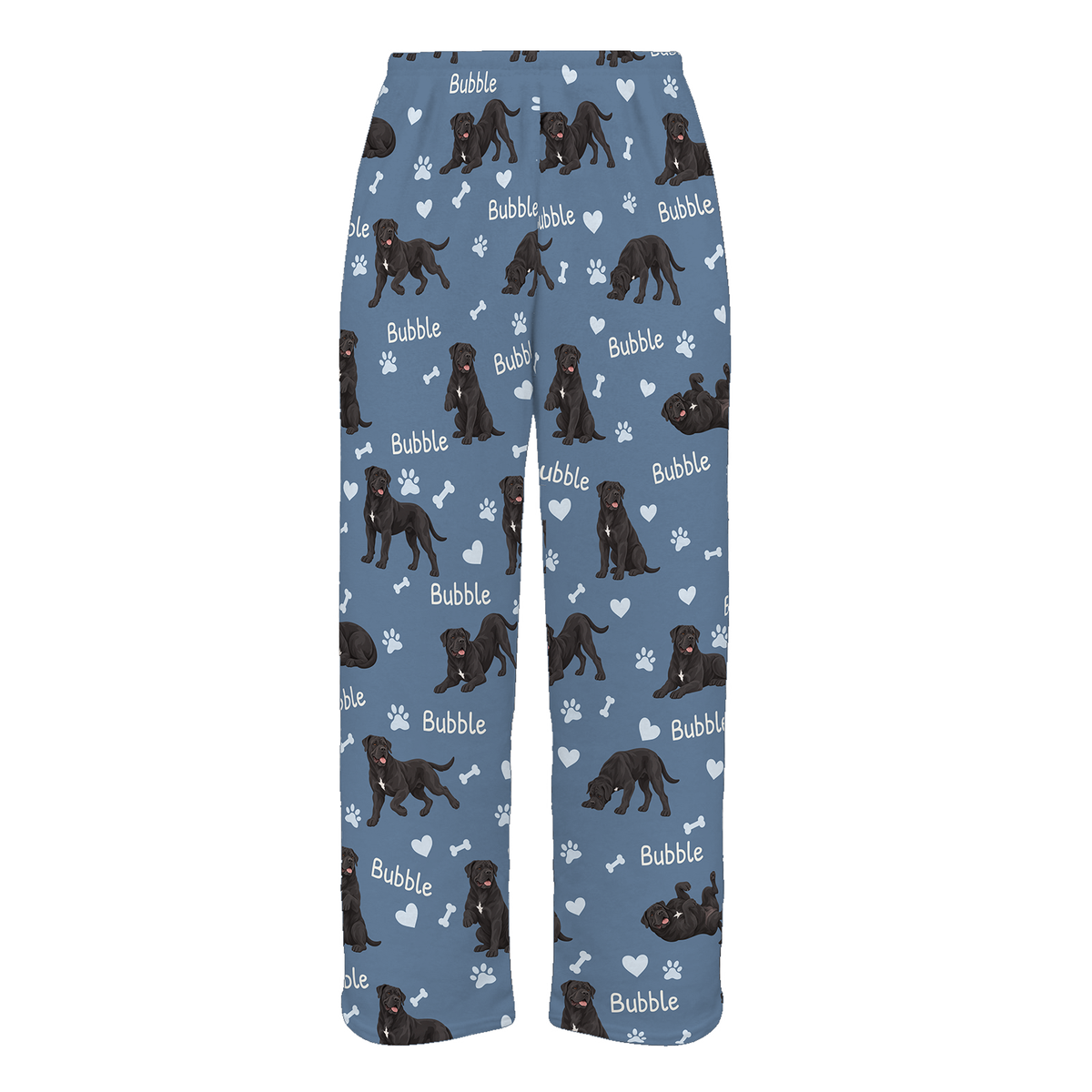 Personalized Cane Corso Pajama Pants, Custom Pet Name Fleece Trousers, Dog Lover Gift — Slate Blue full-trouser mockup