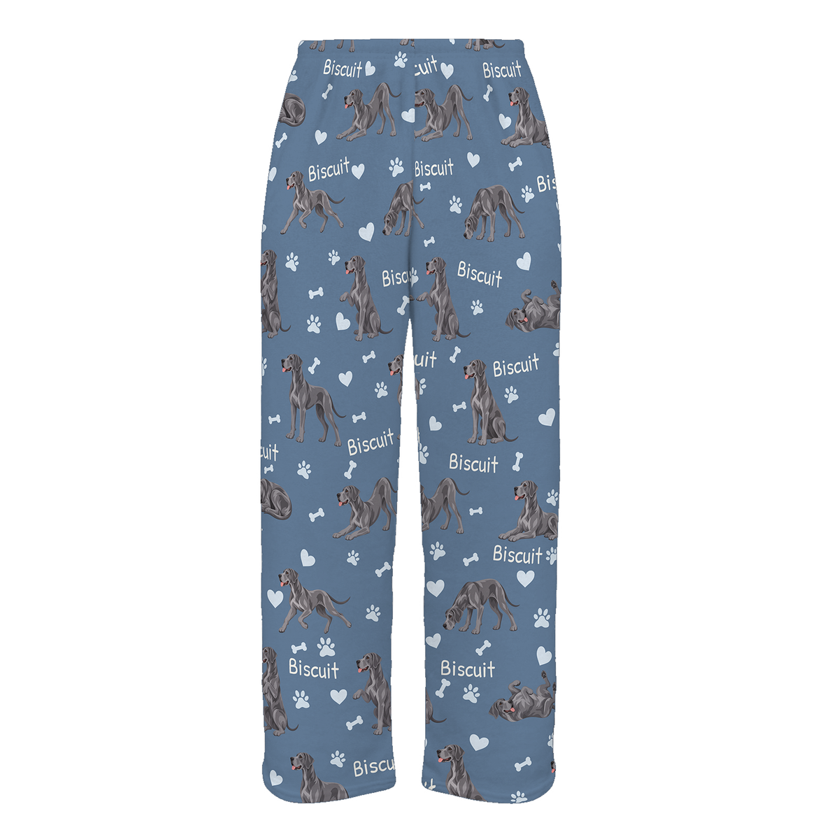 Personalized Great Dane Pajama Pants, Custom Pet Name Fleece Trousers, Dog Lover Gift — Slate Blue full-trouser mockup
