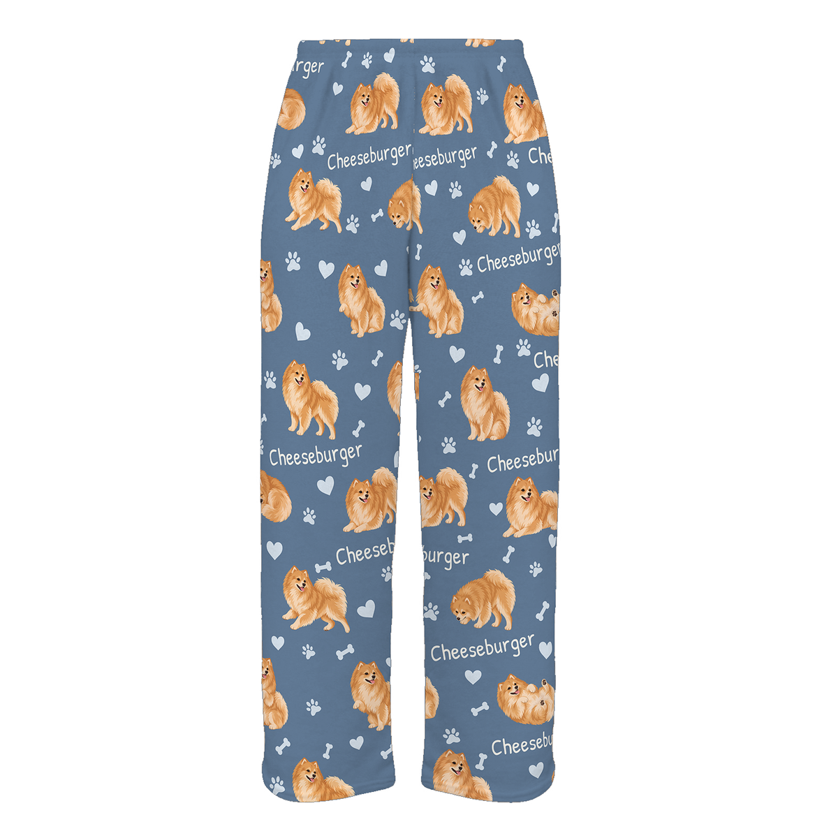 Personalized Pomeranian Pajama Pants, Custom Pet Name Fleece Trousers, Dog Lover Gift — Slate Blue full-trouser mockup