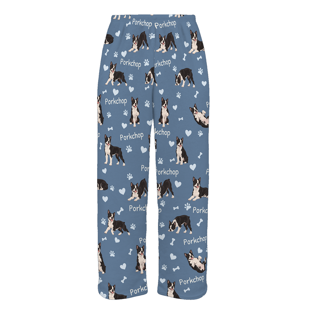 Personalized Boston Terrier Pajama Pants, Custom Pet Name Fleece Trousers, Dog Lover Gift — Slate Blue full-trouser mockup