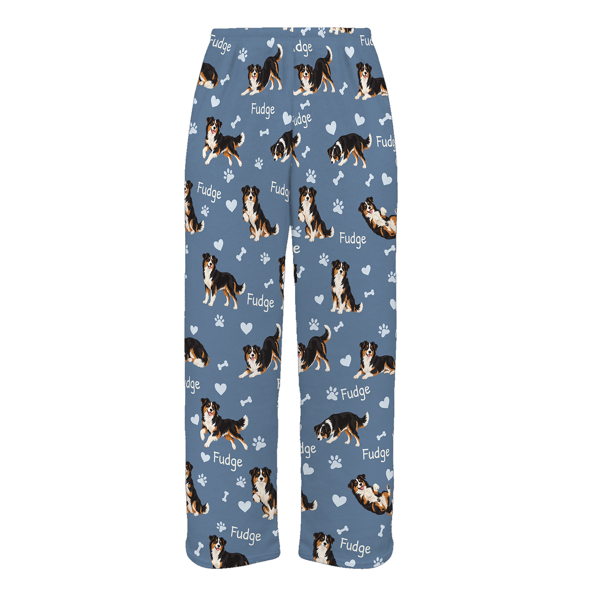 Personalized Miniature American Shepherd Pajama Pants, Custom Pet Name Fleece Trousers, Dog Lover Gift — Slate Blue full-trouser mockup
