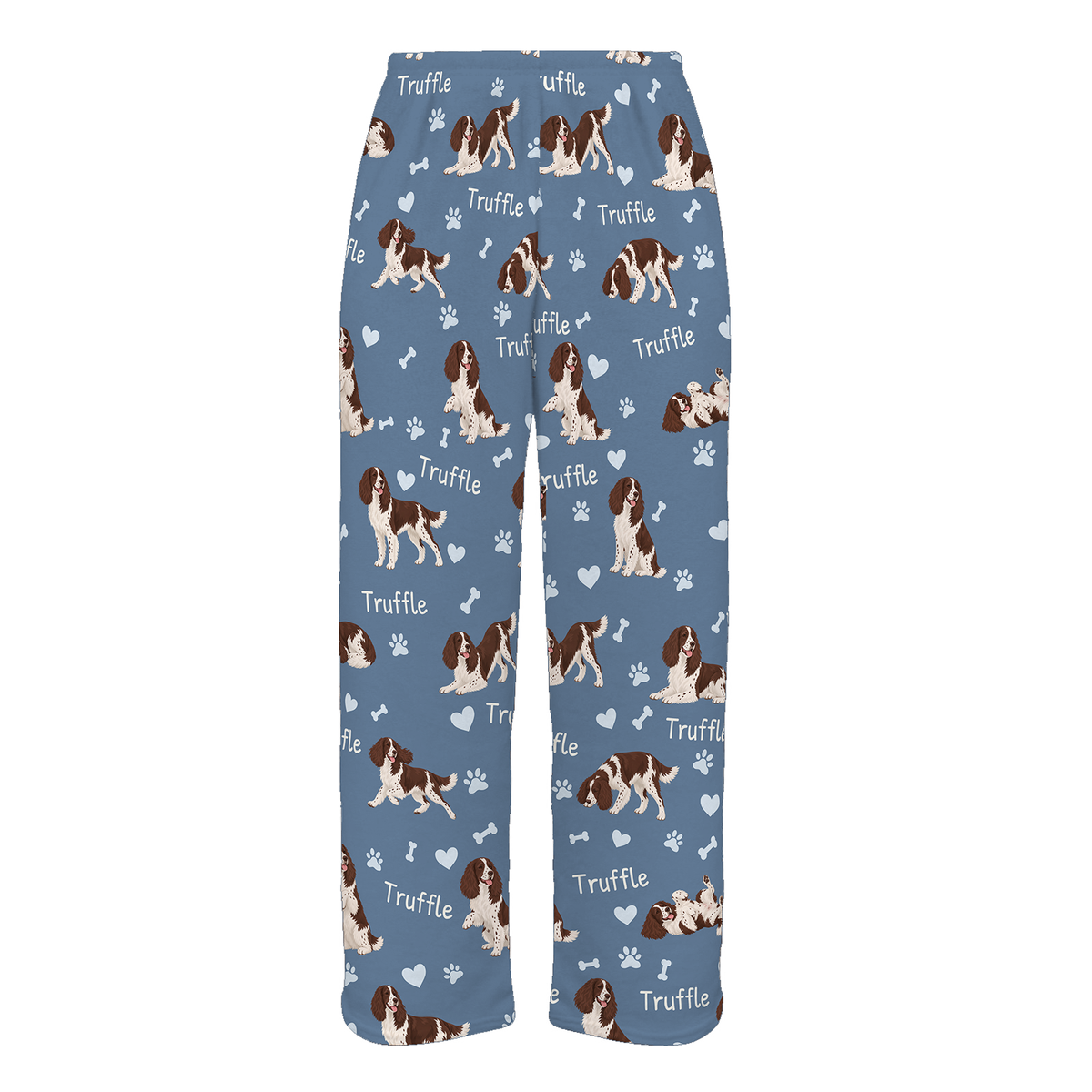 Personalized English Springer Spaniel Pajama Pants, Custom Pet Name Fleece Trousers, Dog Lover Gift — Slate Blue full-trouser mockup
