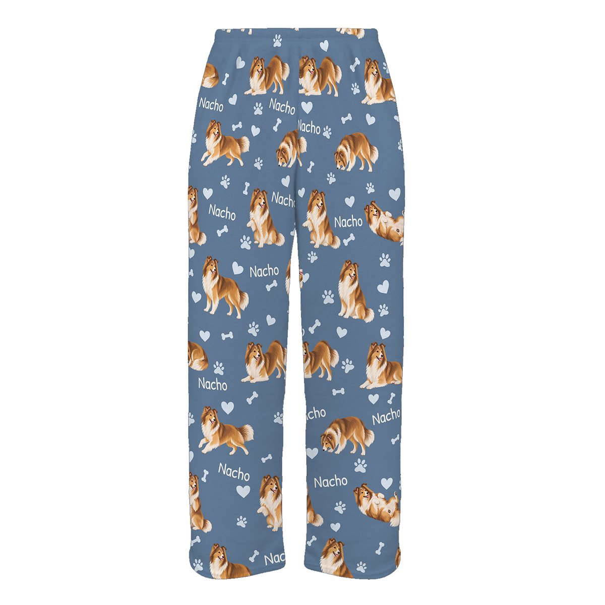 Personalized Shetland Sheepdog Pajama Pants, Custom Pet Name Fleece Trousers, Dog Lover Gift — Slate Blue full-trouser mockup