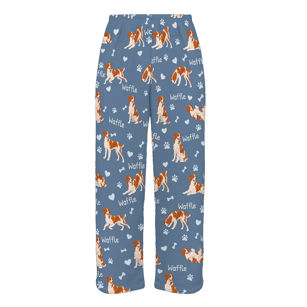 Personalized Brittany Pajama Pants, Custom Pet Name Fleece Trousers, Dog Lover Gift — Slate Blue full-trouser mockup