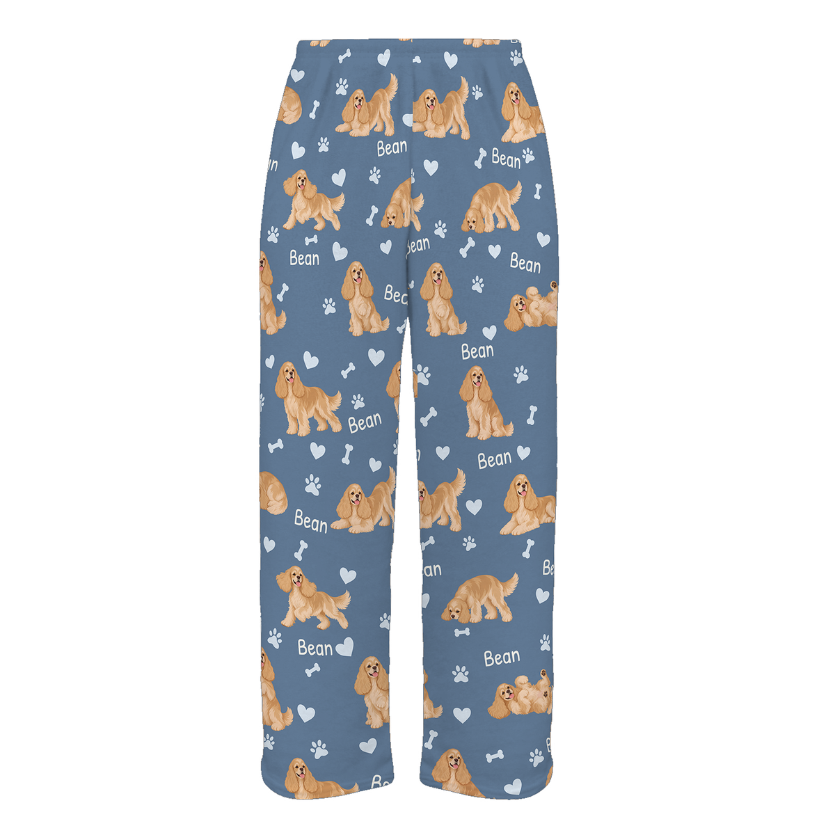 Personalized Cocker Spaniel Pajama Pants, Custom Pet Name Fleece Trousers, Dog Lover Gift — Slate Blue full-trouser mockup