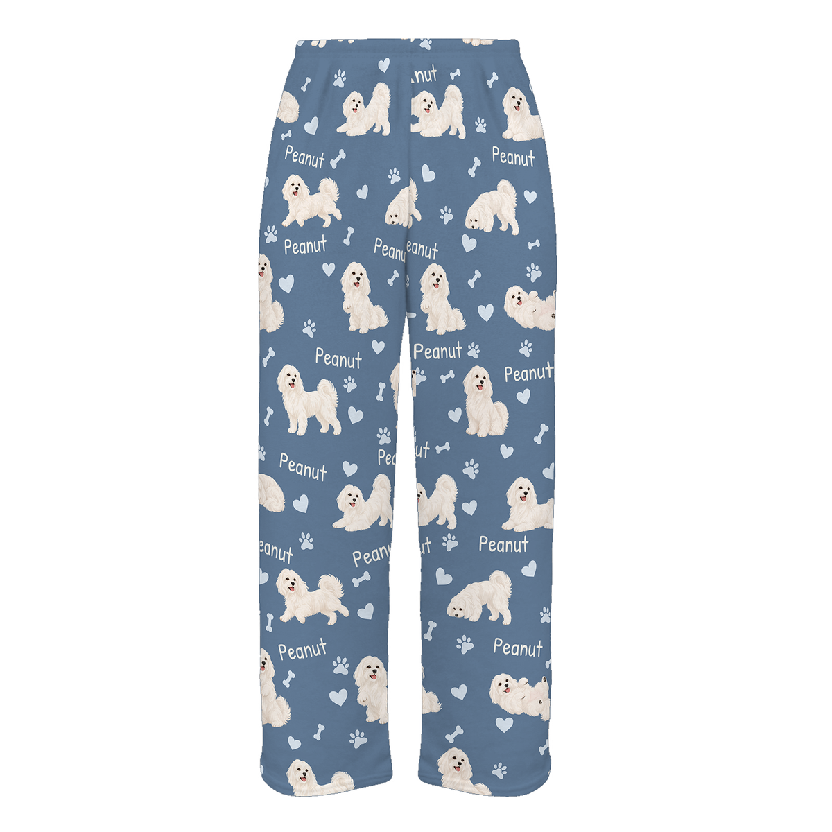 Personalized Maltese Pajama Pants, Custom Pet Name Fleece Trousers, Dog Lover Gift — Slate Blue full-trouser mockup