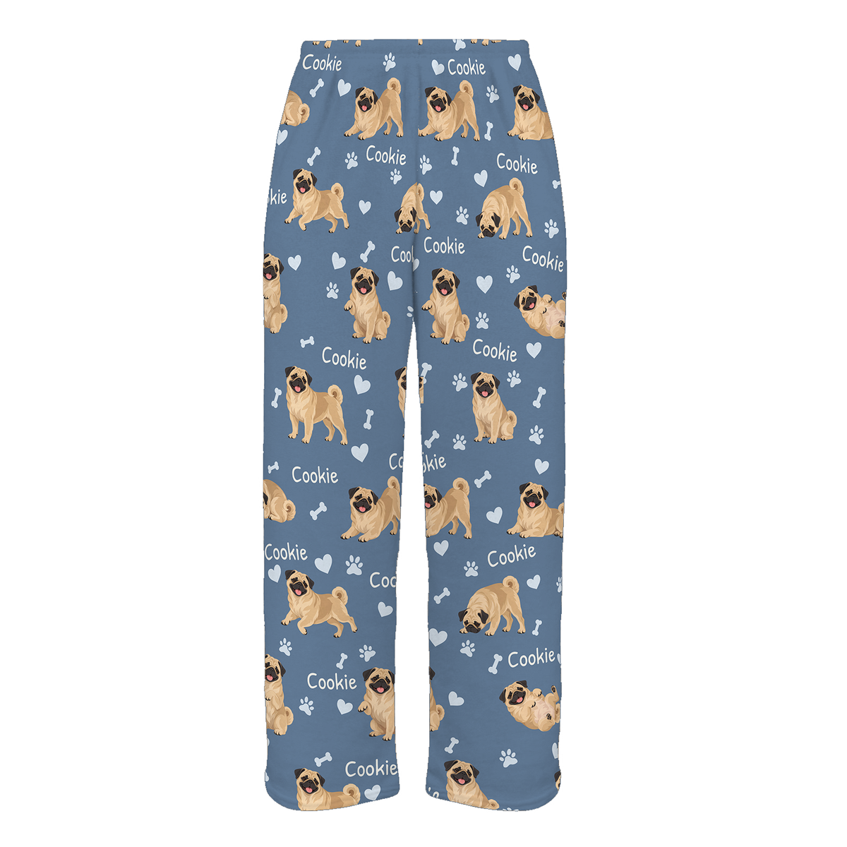 Personalized Pug Pajama Pants, Custom Pet Name Fleece Trousers, Dog Lover Gift — Slate Blue full-trouser mockup