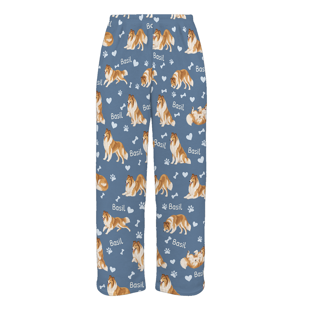 Personalized Collie Pajama Pants, Custom Pet Name Fleece Trousers, Dog Lover Gift — Slate Blue full-trouser mockup