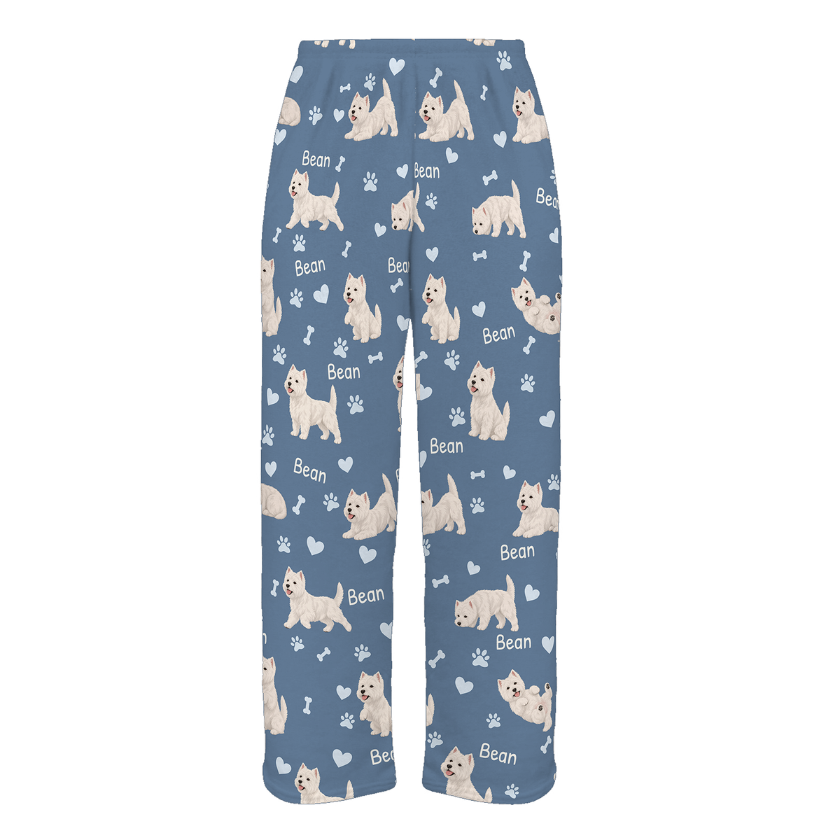 Personalized West Highland White Terrier Pajama Pants, Custom Pet Name Fleece Trousers, Dog Lover Gift — Slate Blue full-trouser mockup