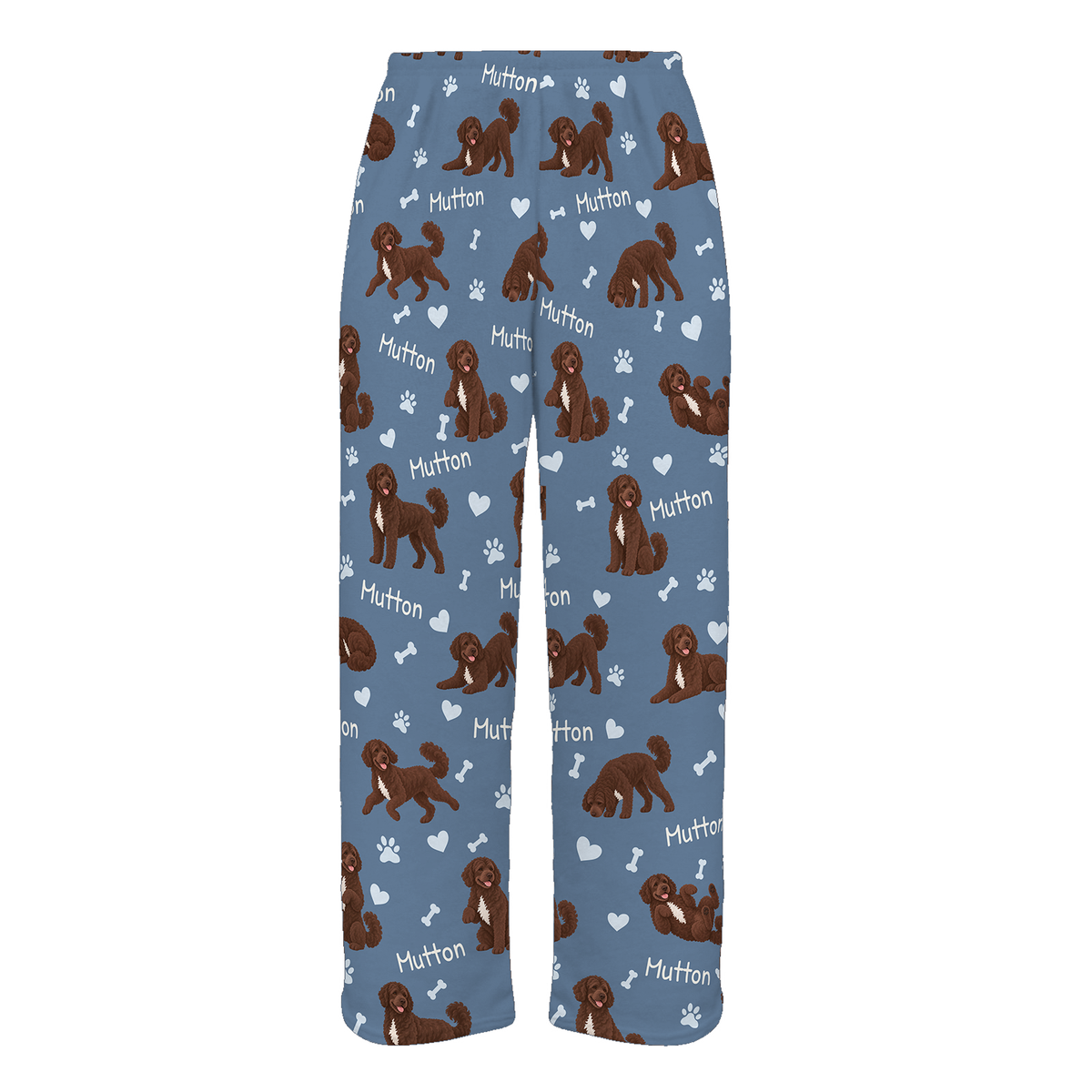 Personalized Portuguese Water Dog Pajama Pants, Custom Pet Name Fleece Trousers, Dog Lover Gift — Slate Blue full-trouser mockup